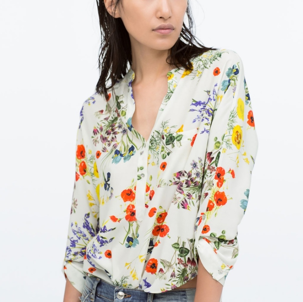 Mandarin collar printed top with uneven hem
